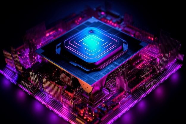 Printplaat met microchips in ultraviolet licht Generatieve AI