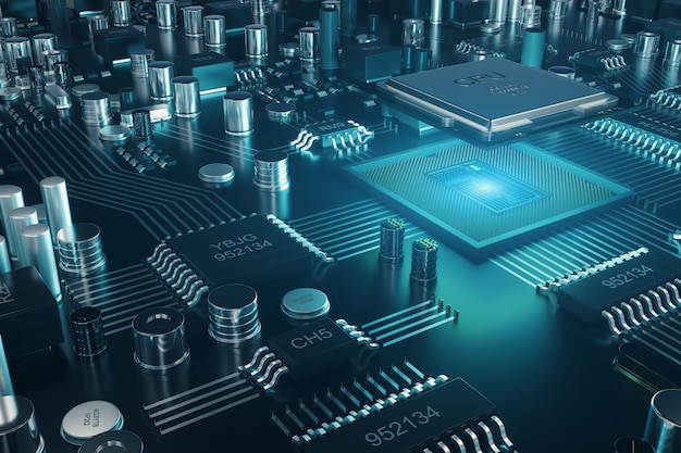 Printplaat. technische achtergrond. centrale computerprocessors cpu-concept. moederbord digitale chip. tech science achtergrond. geïntegreerde communicatieprocessor. 3d-afbeelding