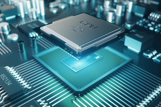 Printplaat. Technische achtergrond. Centrale computerprocessors CPU-concept. Moederbord digitale chip. Technische wetenschappelijke achtergrond. Geïntegreerde communicatieprocessor. 3D illustratie
