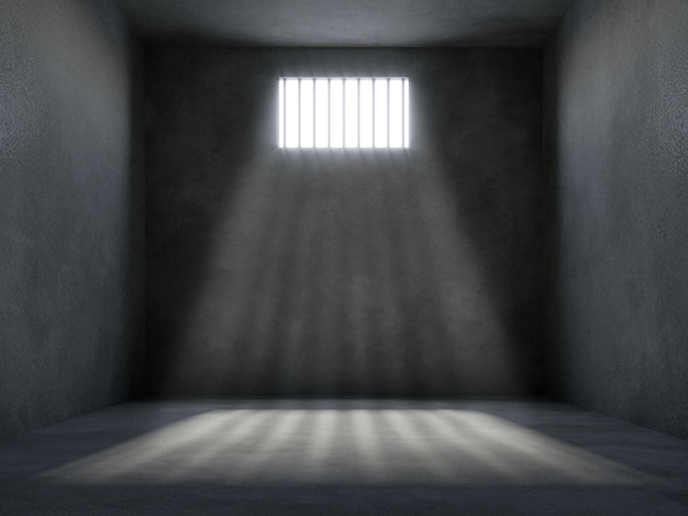 Тюремная камера со светом, сияющим через зарешеченное окно 3d-рендеринга