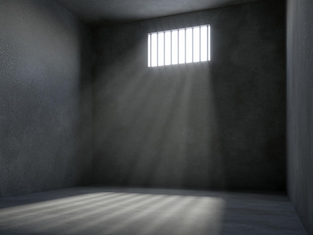 Photo prison cell with light shining through a barred window 3d rendering