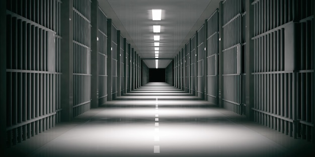 Prison interior Jail cells dark background 3d illustration