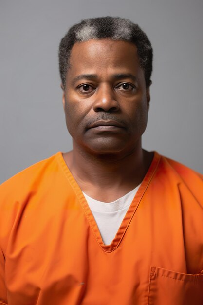 Prison mugshot of middle aged african american man in orange jumpsuit