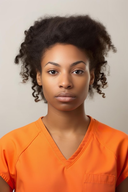 Prison mugshot of young african american woman in orange jumpsuit