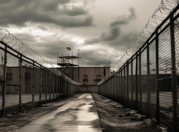 刑務所の柵のワイヤーで保護された刑務所の監視塔コイル状の有刺鉄線が付いた白い刑務所の壁と監視塔刑事司法投獄のコンセプト生成 AI テクノロジーで作成