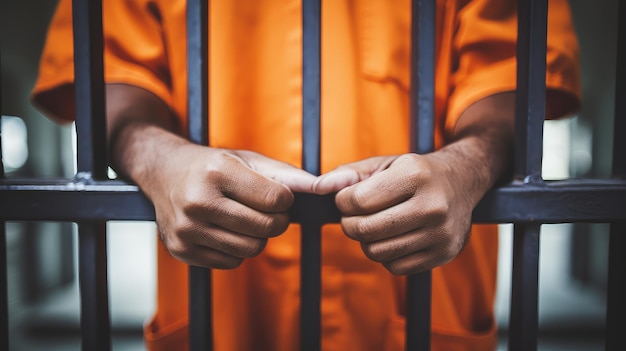 Prisoner behind bars male hands closeup