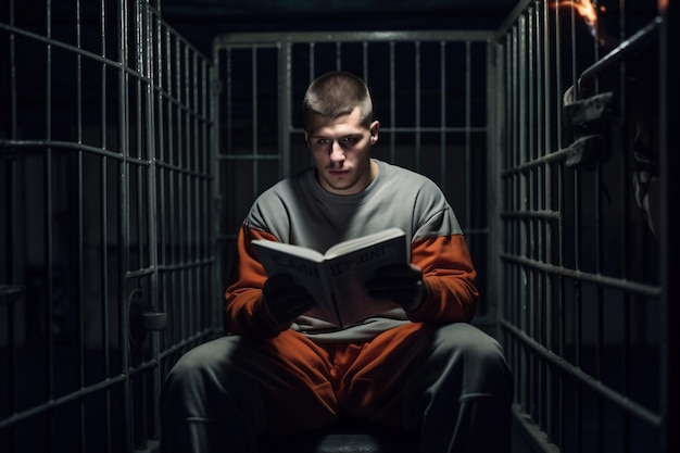 A prisoner or criminal is reading a book in a prison cell while sitting on a bunk Reeducation of a criminal Education in prison