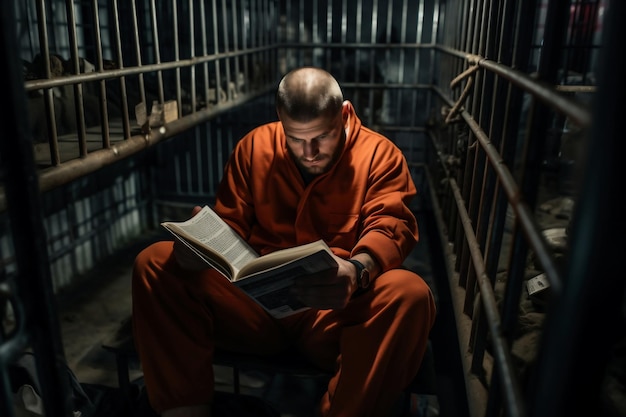 Photo a prisoner or criminal is reading a book in a prison cell while sitting on a bunk reeducation of a criminal education in prison