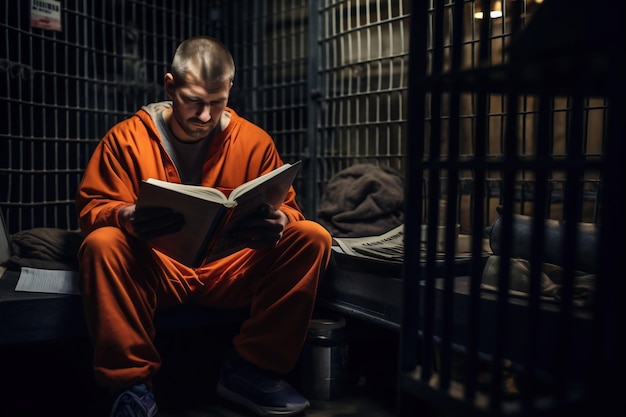 A prisoner or criminal is reading a book in a prison cell while sitting on a bunk Reeducation of a criminal Education in prison