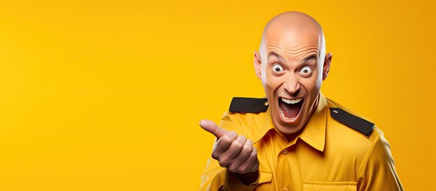 Prisoner dressed up enjoying and making faces on yellow backdrop with room for text