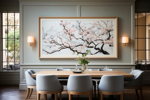 A pristine blank frame adorns the dining room