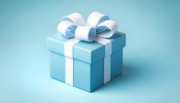A pristine blue gift box with a glossy white bow poised on a soft blue backdrop