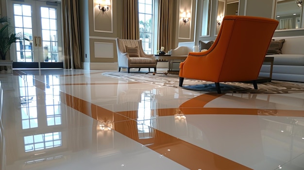 Photo a pristine epoxy floor reflects the elegant lights and furnishings of a luxurious hotel hallway enhancing the opulence of the setting