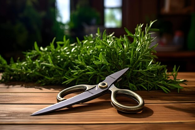 Photo pristine garden shears poised on a rustic wooden