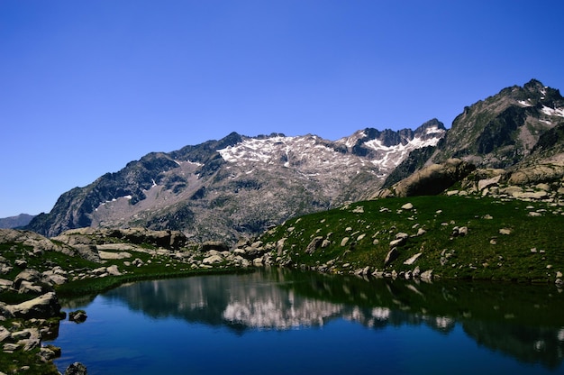 A pristine high mountain lake reflects the majestic beauty of a mountain range