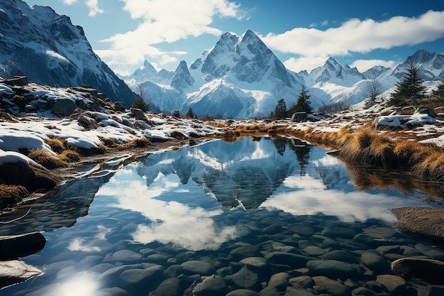 Pristine Lake Encircled by Towering SnowClad Peaks