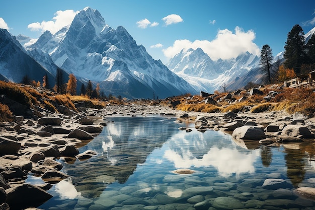 Pristine Lake Encircled by Towering SnowClad Peaks