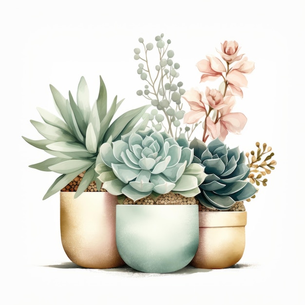 Pristine Pastel Succulents Gilded Pots and Delicate Illustrations