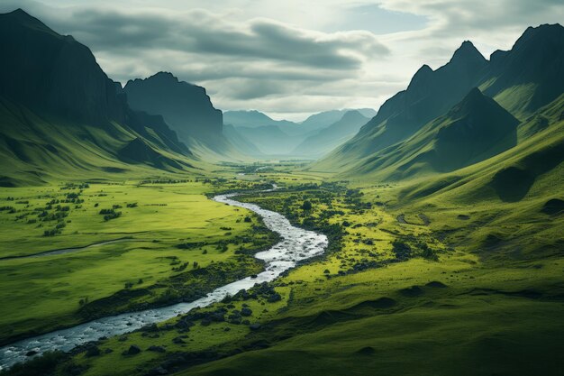 Pristine River Winding Through a Vibrant Green Valley Generative AI