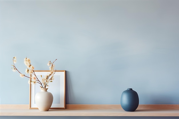 Pristine room with light indigo wooden shelf