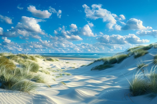 写真 青い空の下の砂丘の草のある純な砂浜 夏季に最適な美しい海辺の風景