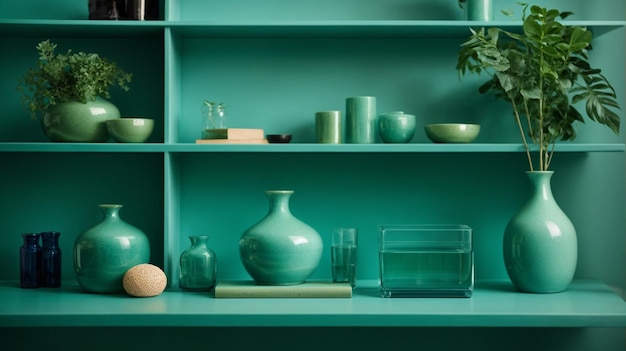 A pristine shelf with a delicate vase and a futuristic tablet