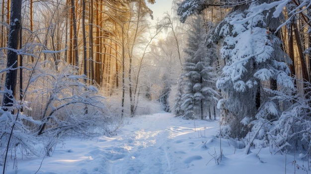 Pristine snow blankets a peaceful forest trail with tall trees standing guard in silent watch