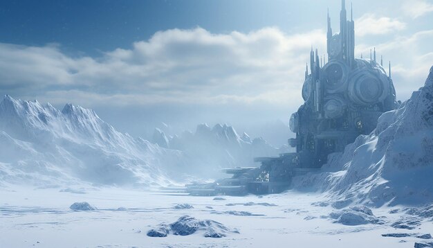 A pristine snowy landscape images of a futuristic set