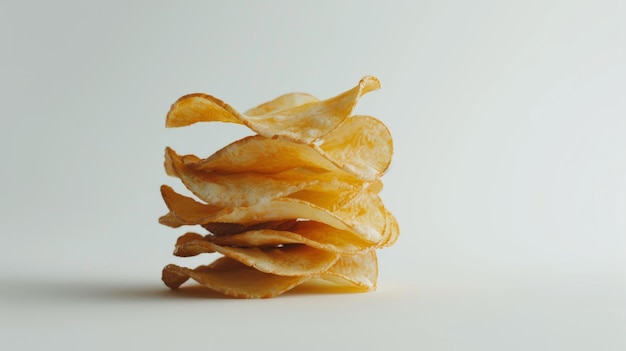 A pristine stack of potato chips perfectly symmetrical showcasing texture and simplicity