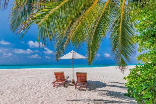 Pristine vacation beach. Chairs on the sandy beach near the sea. Summer romantic holiday tourism