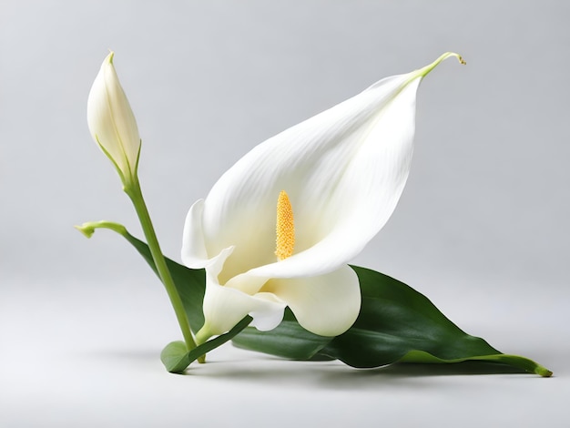 A pristine white calla lily against a pure white backdrop