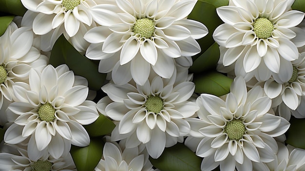 Прекрасные белые далии, цветущие в пышной зеленой листве, в живой ботанической экспозиции