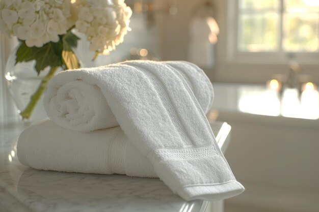 Photo a pristine white towel hangs in a welllit bathroom inviting comfort and cleanliness