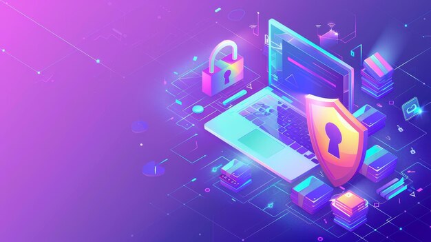 Photo privacy banner gdpr concept with isometric laptop and shield with lock modern landing page of digital security of personal data