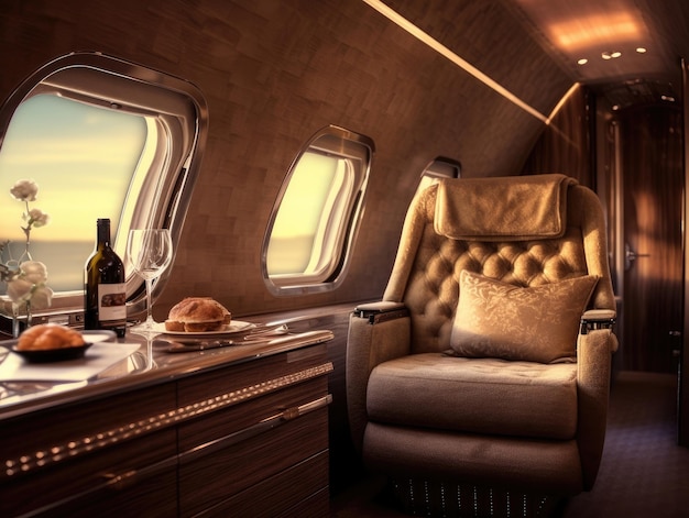 A private airplane with brown velvet cushion seats and a tray table in the style of modern luxury overlooking the sky through a window Generative AI