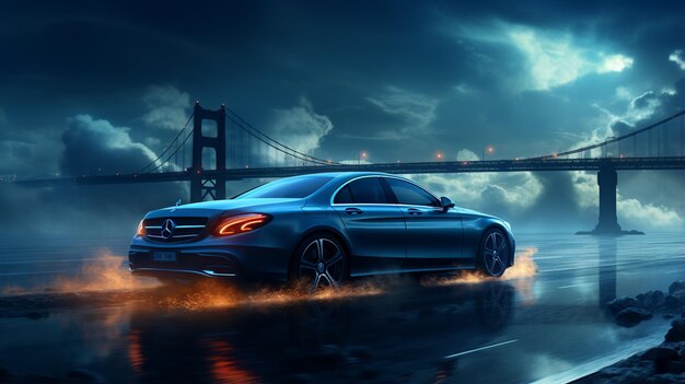 A private car going through the over bridge with cloud in the sky and night view neon blue light effect