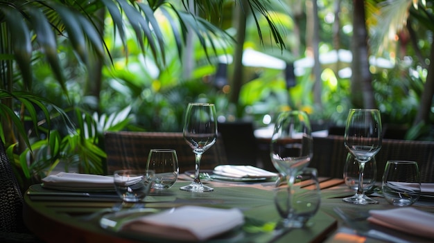 A private dining area nestled ast a grove of palm trees offering a secluded and intimate dining