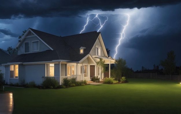 Private house against the background of sparkling lightning