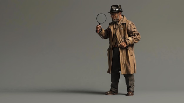 Photo a private investigator wearing a brown trench coat and fedora hat is examining a clue through a magnifying glass