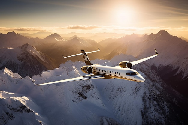 A private jet flies over a snowy mountain.