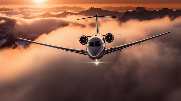 Foto jet privato che vola sopra le nuvole durante il tramontoxa