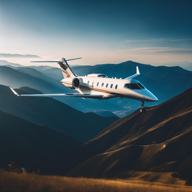 Photo private jet flying with mountains in the background