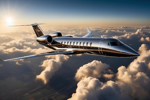 Private jet plane flying above city in beautiful sunset light Modern fastest mode of transportation business life