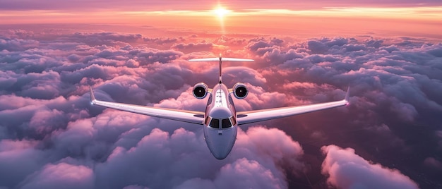 Photo a private jet soars high above the clouds against a beautiful sunset