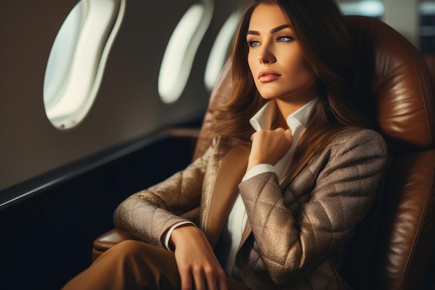 Photo private jet turbulence stressed businesswoman's view