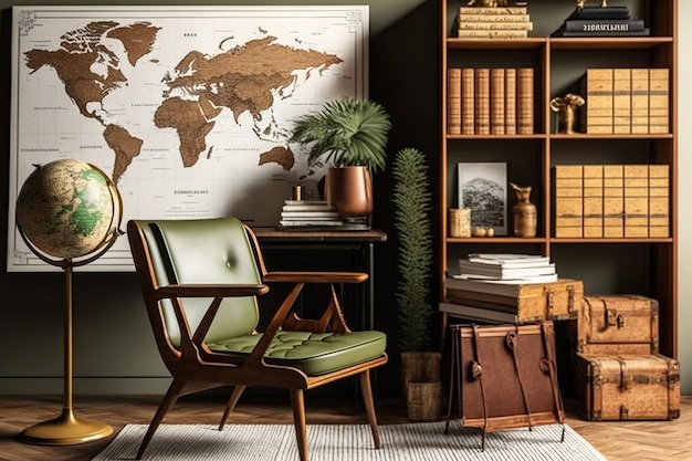 Private library with retro vintage home decor mockup map poster brown chair wooden table bookstand books and charming personal accessories