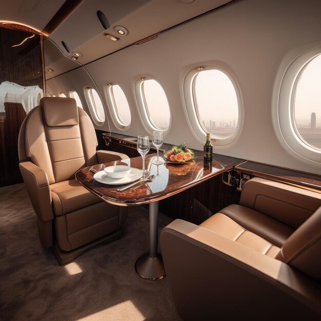 Private plane interior with wooden tables and leather seats Generative ai