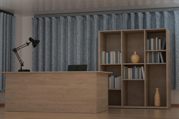 Prive-werkplek met houten bureau en decoratieve lamp 3D-rendering