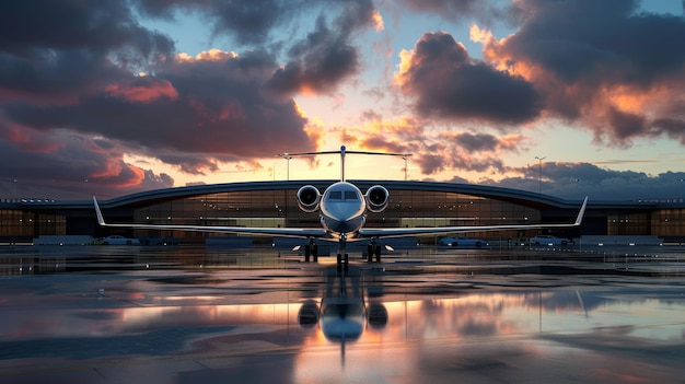 Privévliegtuig op de luchthaven bewolkte lucht