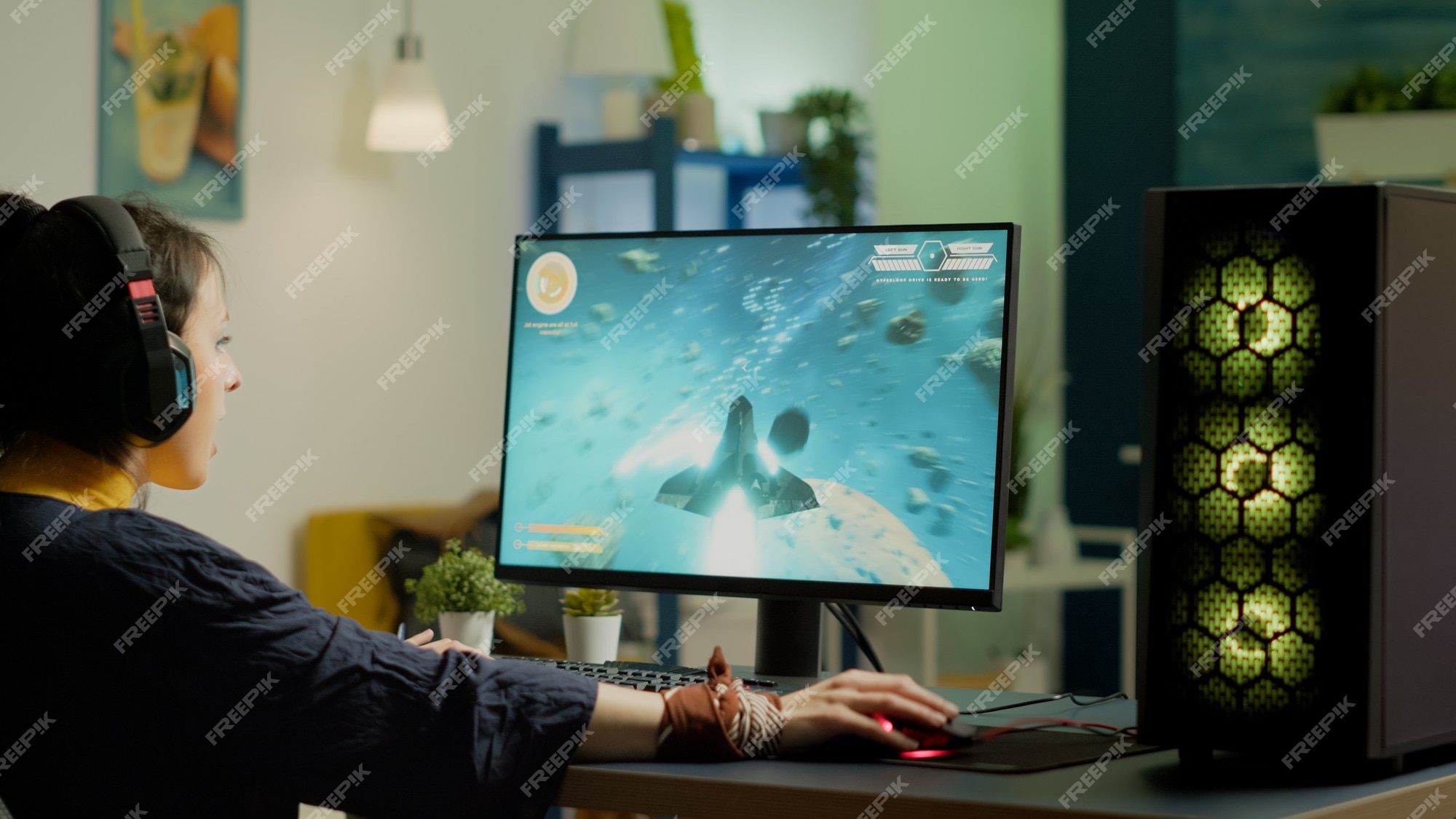 Man gamer teaching his girlfriend playing space shooter video game on RGB  powerful personal computer. Pro cyber woman with headset performing video  games streaming from home during online tournament Stock Photo 